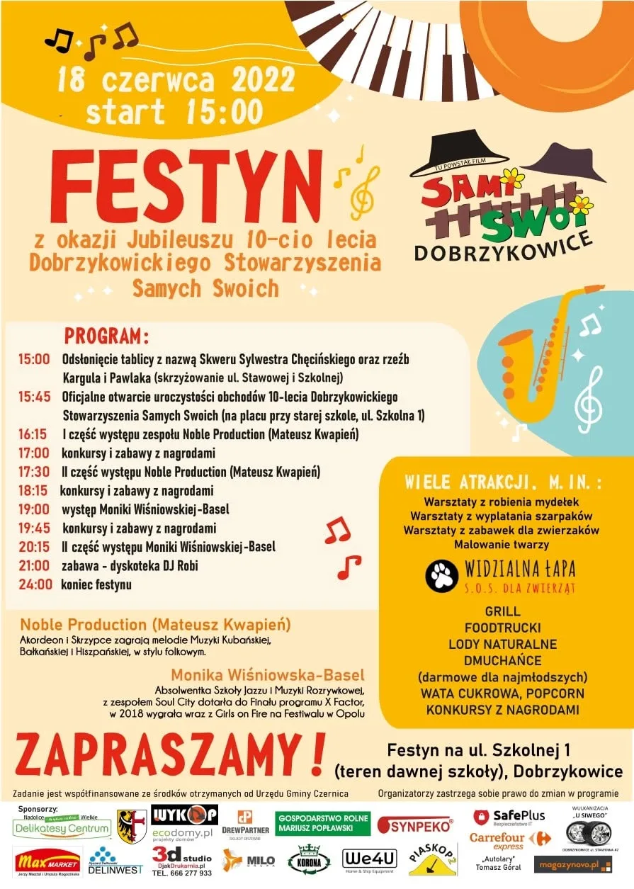 Archiwalny plakat festynu na dziesięciolecie stowarzyszenia: 18 czerwca 2022 r., Szkolna 1.