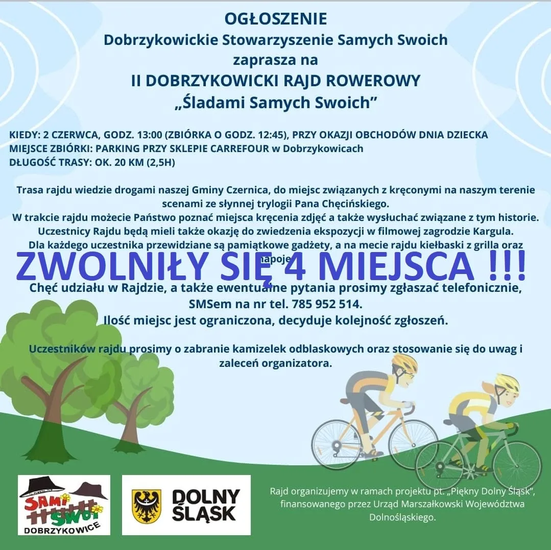 Archiwalny plakat II Dobrzykowickiego Rajdu Rowerowego: 2 czerwca 2024, godzina 13, trasa około 20 km.